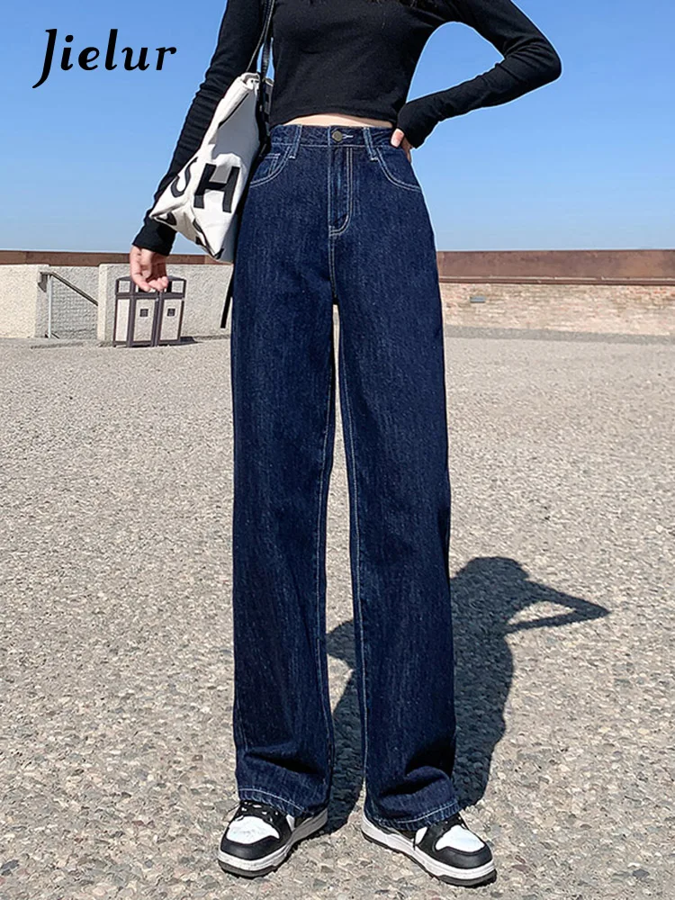 Jielur Джинсы женские с высокой талией, прямые однотонные узкие модные простые брюки с широкими штанинами, простые шикарные джинсы с эффектом потертости, темно-синие
