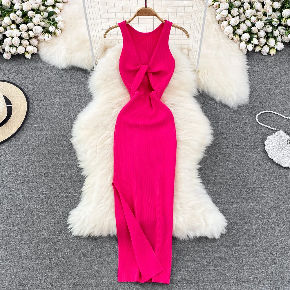 YuooMuoo Frauen Kleid Sexy Wrap Hüften Zwei Seiten Verfügbar Split Einteiliges Langes Kleid Mode Knoten Gestrickte Bodycon Party robe Femme – Detail 1