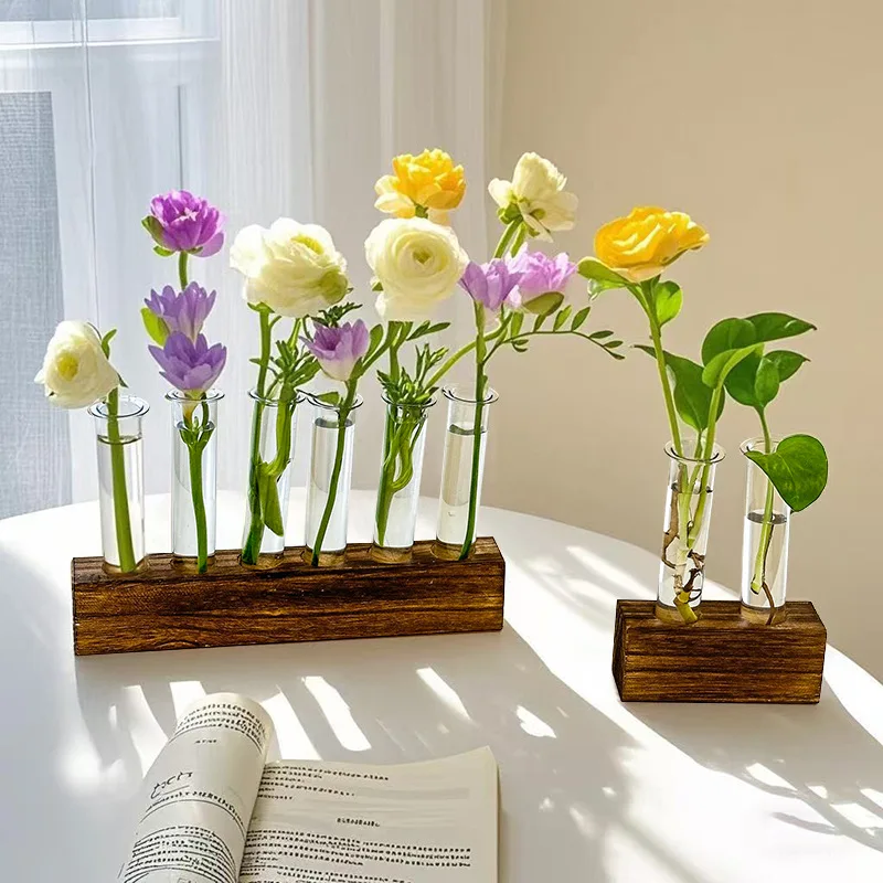 Jarrón Hidropónico De Escritorio Con Marco De Fotos – Soporte De Madera Retro Con 3 Tubos De PC Para Propagar Plantas O Mostrar Flores Secas