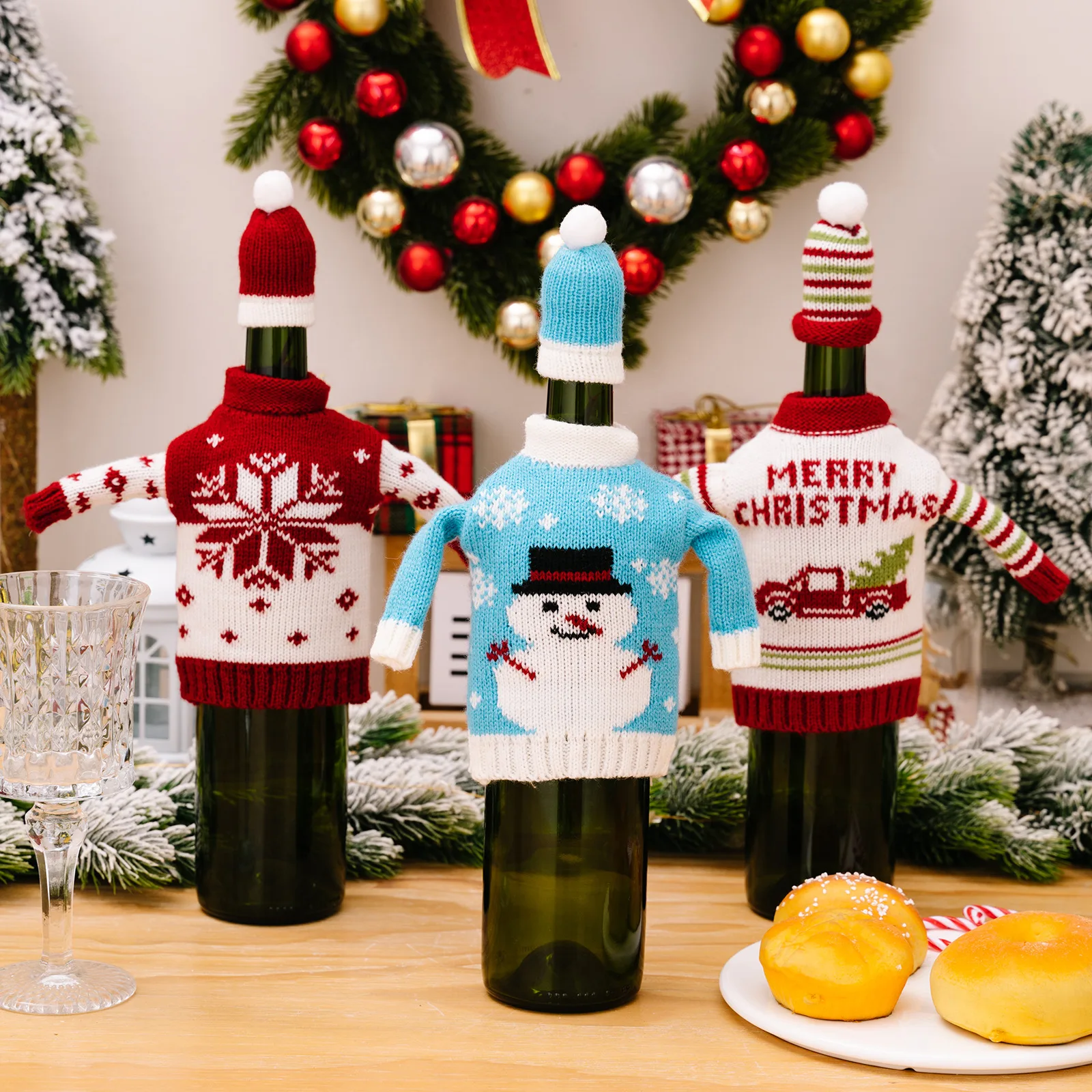 Creative Knitted Christmas Wine Bottle Set  Wine Bottle Covers Sleeve Santa Snowman Xmas New Year Navidad Dinner Table Decor