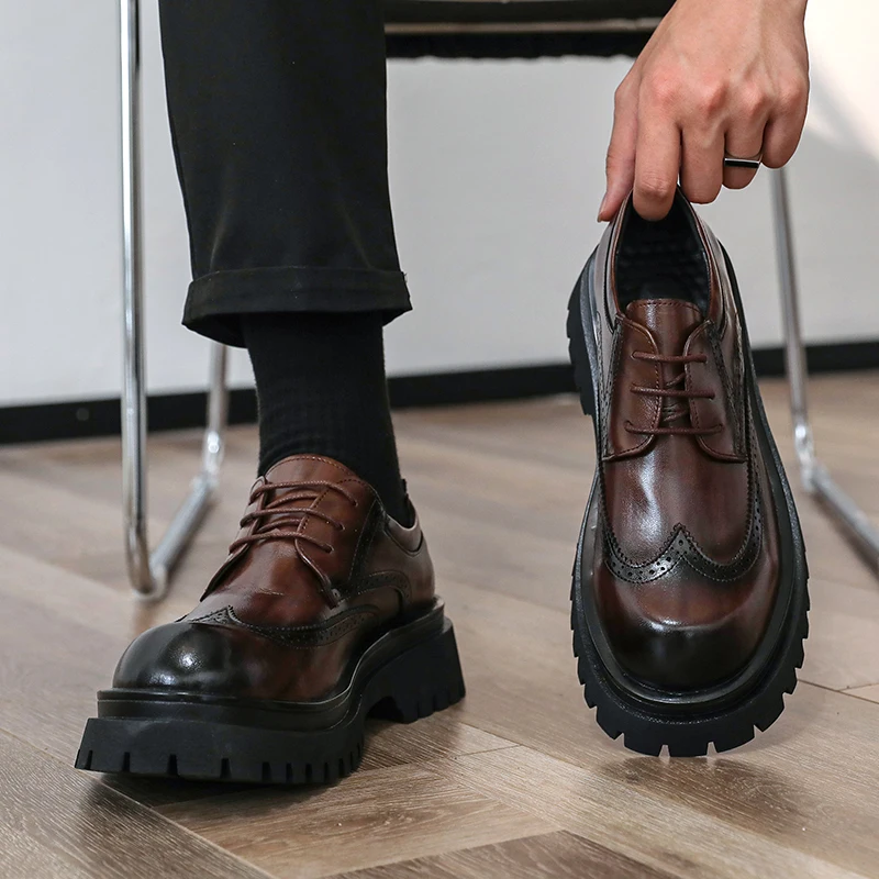 British Style Men's Block Shoes Thick Soled Durable for Office Interviews Formal Shoes Retro Brown Men's Shiny Leather Shoes3846