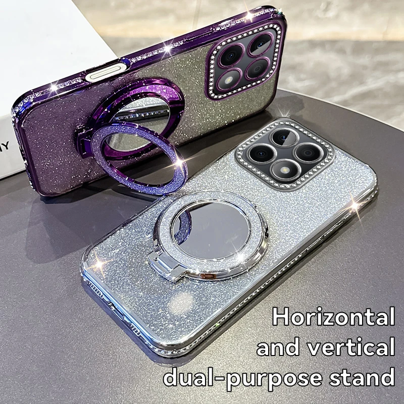 Glitter Plating Silicone Phone Case with Magnetic Bracket & Lens Protector - Pink