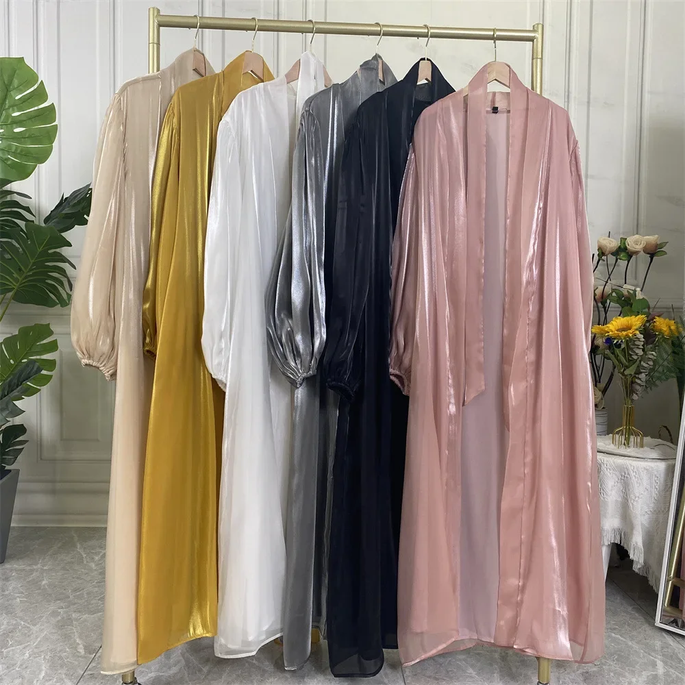 Kimono Abaya Shiny Satin Summer Simple Balloon Sleeve Muslim Hijab Dress Saudi Plain Open Abayas for Women Dubai Turkey Islamic
