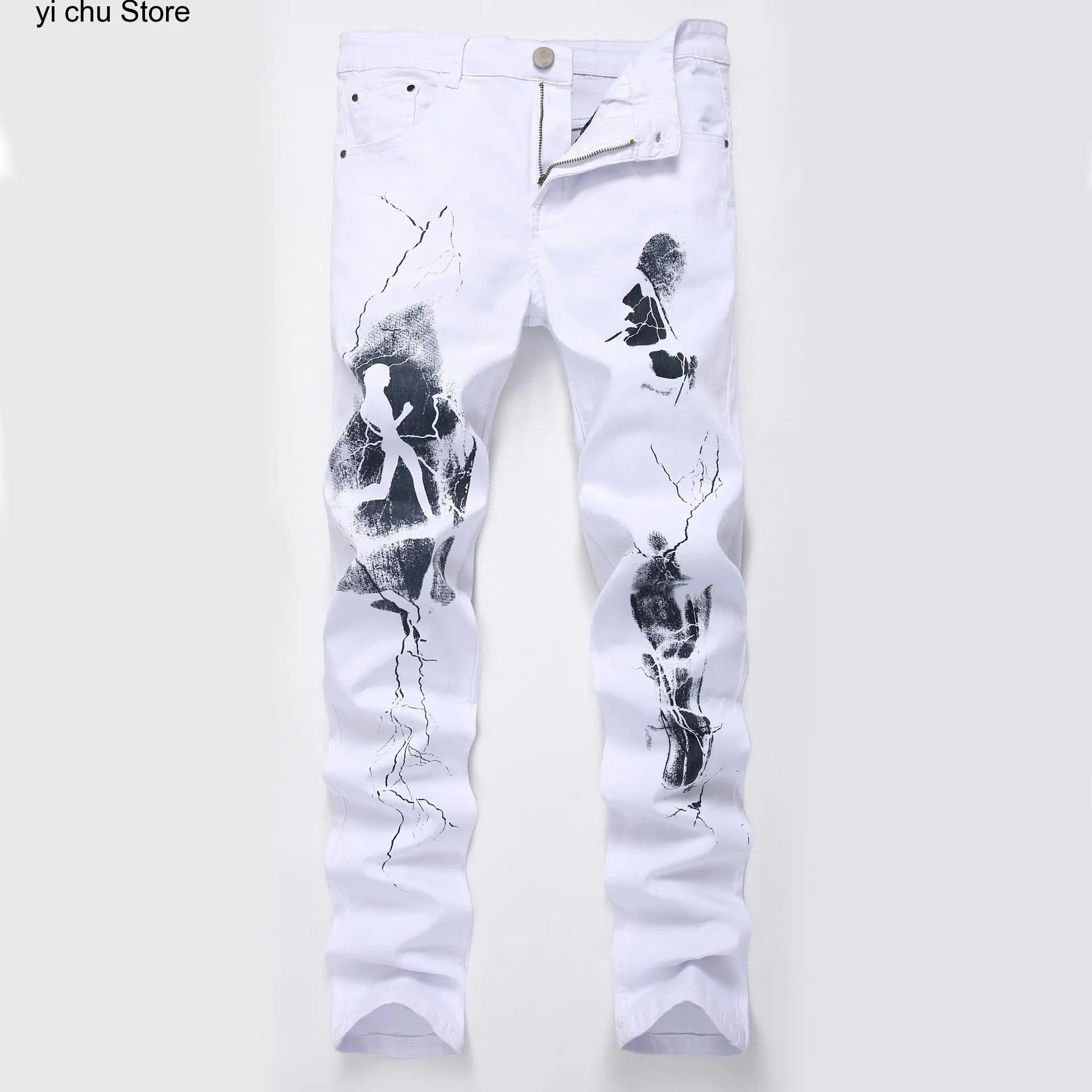 

New Fashion Painted Denim Slim Fit White Jeans Men Hip Hop Elastic Casual Cowboys Pants Printing Streetwear Jean Trousers