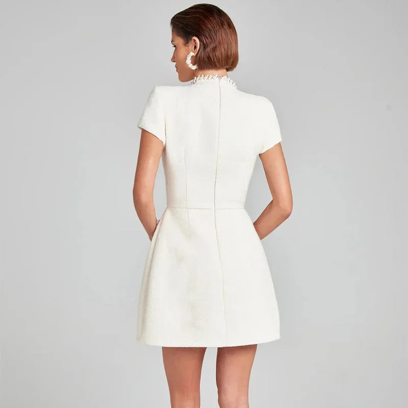 Elegant Tweed Short Party Dress Women Long Sleeve Square Collar Fake Pocket Evening Dresses Autumn Shiny Slim A-line Robes