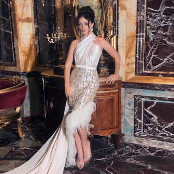 Luxury Dubai Feather White Mermaid Evening Dress with Cape Halter 2024 Arabic Women Wedding Prom Party Gowns 350 1