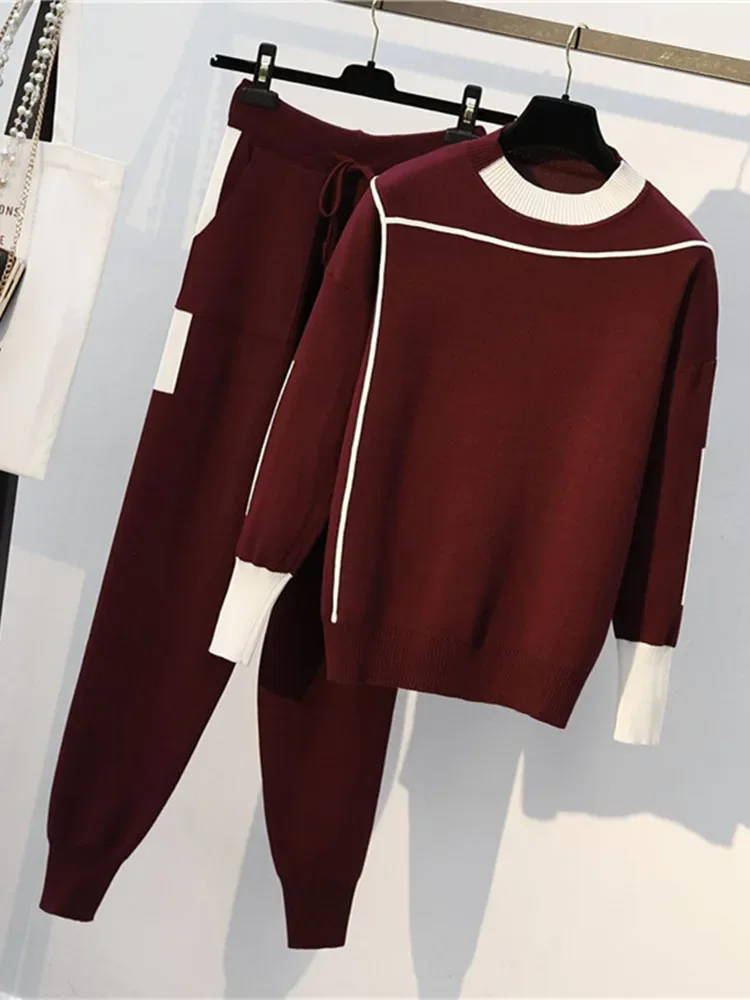 

Women's 2-piece Knit, Long Sleeved Round Neck Sportswear, Sweater and Pocket Pants, 2-piece Suit, Autumn and Winter