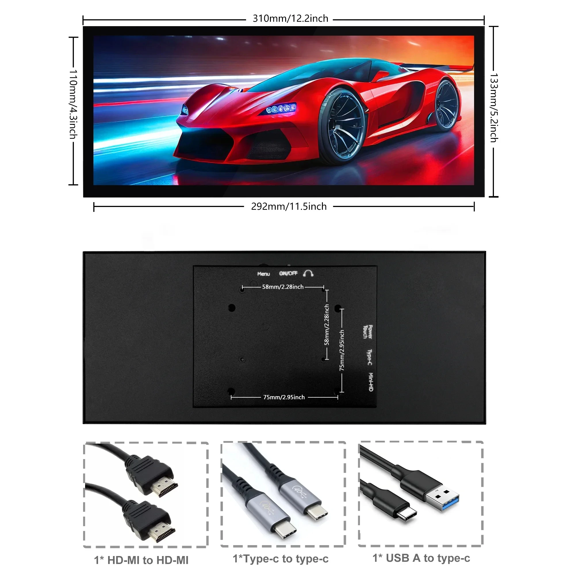 12.3인치 터치스크린 컴퓨터 확장 화면 휴대용 롱 스트립 디스플레이 화면 PS4/5 게임 터치 LCD 디스플레이 타입 C 1920x720