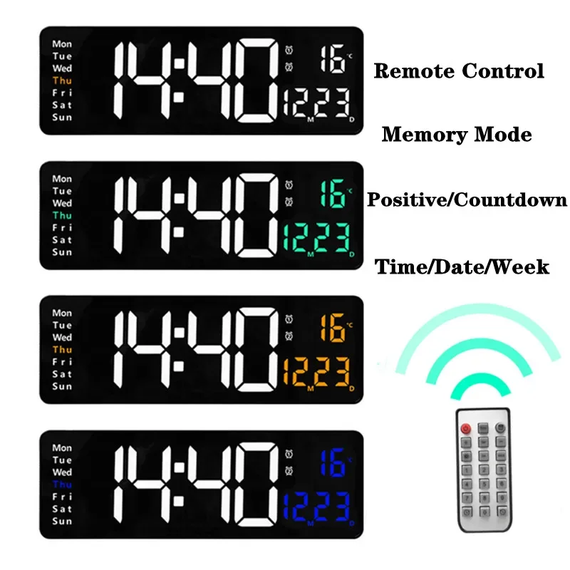 

Large Digital Wall Clock Remote Control Temp Date Week Display Power Off Memory Table Clock Wall-mounted Dual Alarms LED Clocks