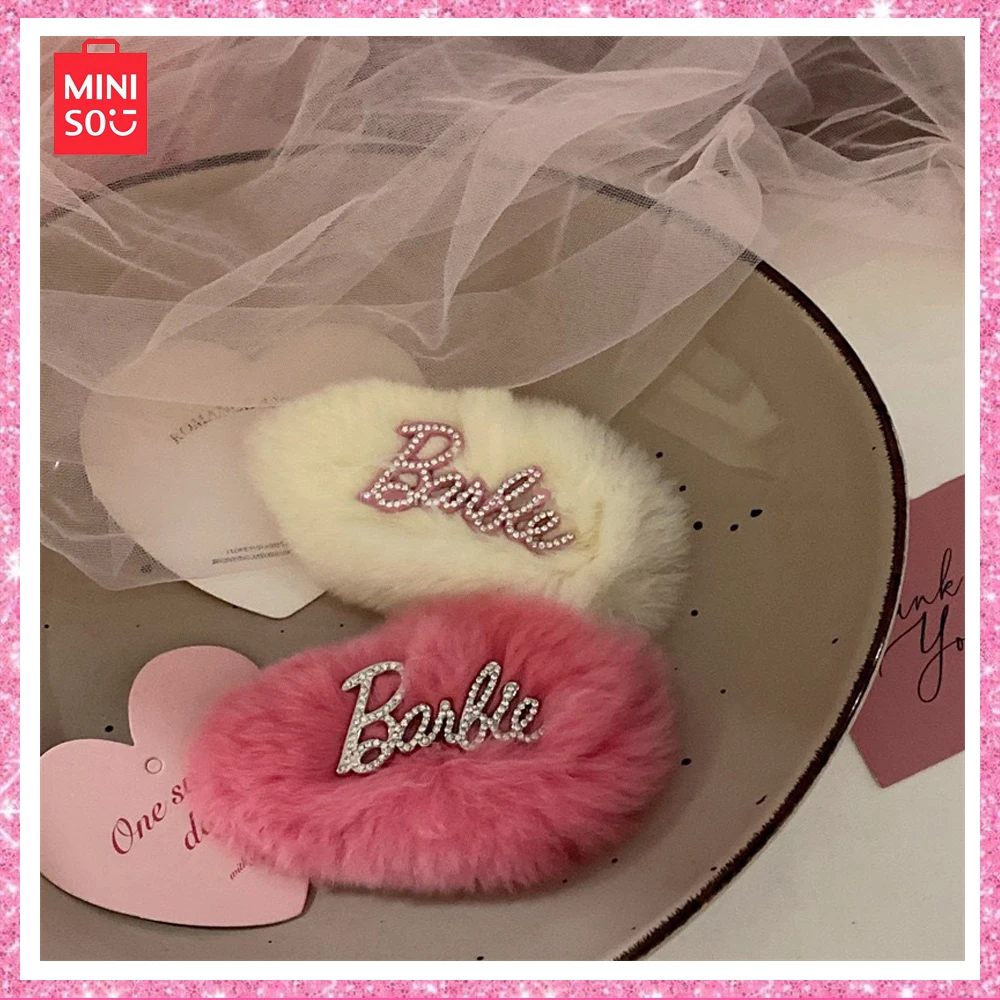 2024 New Miniso Barbie Princess Series Vibe Sense Hair Clips Sweet Pink Feather Letters Flash Diamond Side Clip Ins Girls Gift