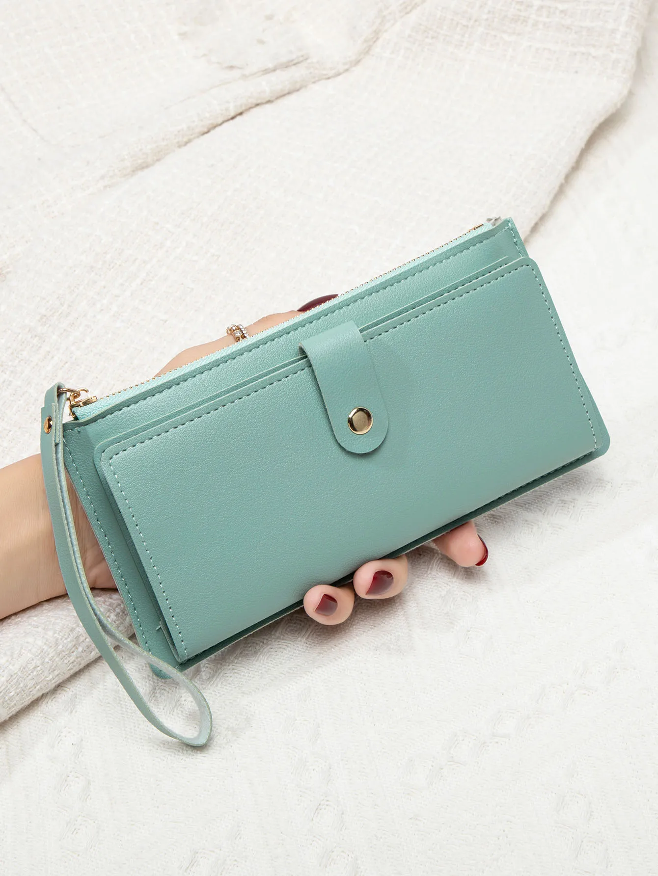 Schlichte und stilvolle Damen-Langkartenbörse, ultradünne Mini-Handtasche aus PU-Leder in Uni-Farbe, Damen-Kreditkartenhalter-Geldbörse – Detail 24