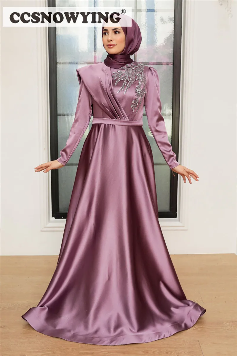 

Satin Appliques Muslim Evening Dress Long Sleeve Hijab Formal Party Gown High Neck Saudi Arabia Kaftan Islamic Robe De Soiree