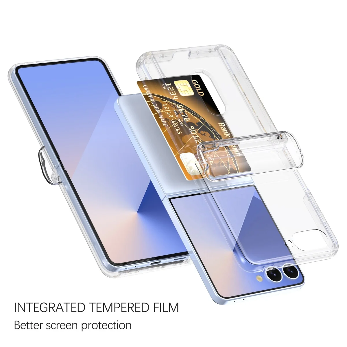 Card Pocket Slot Tempered Film Protection Case with Built-in Spring Hinge and Shockproof Candy Cover
