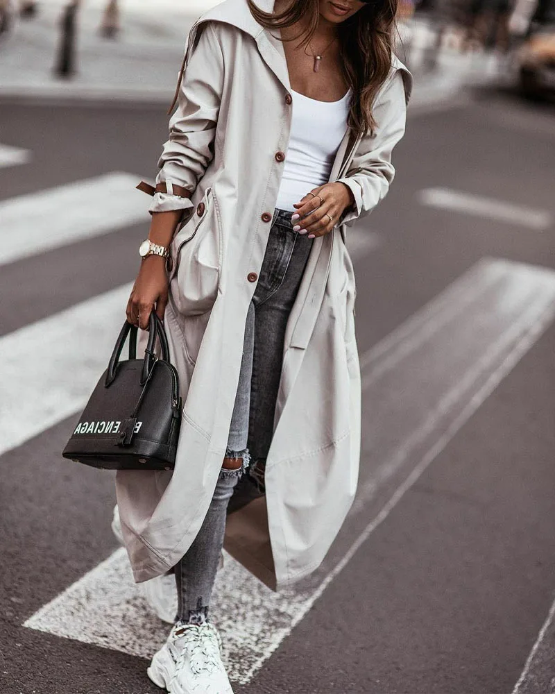 Women's Casual Large Lapel Mid-length Windbreaker Coat