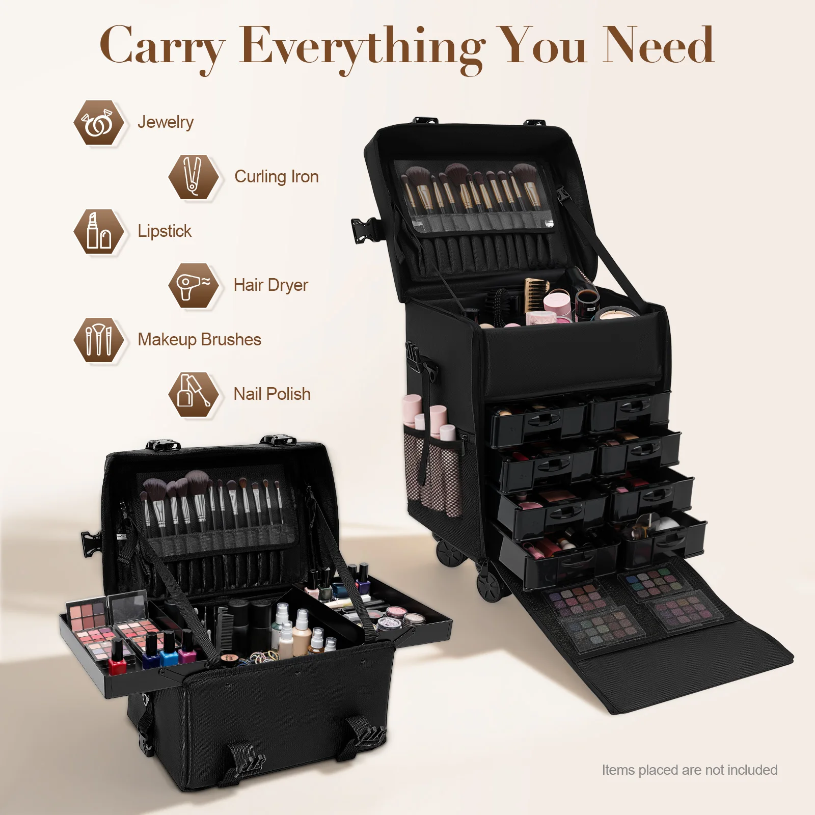 2-in-1 Kosmetik-Trolley, Rollender Make-up-Koffer mit 8 Schubladen & Pinselhalter, Tragbarer Beauty-Aufbewahrungsorganizer, für Visagisten – Detail 1
