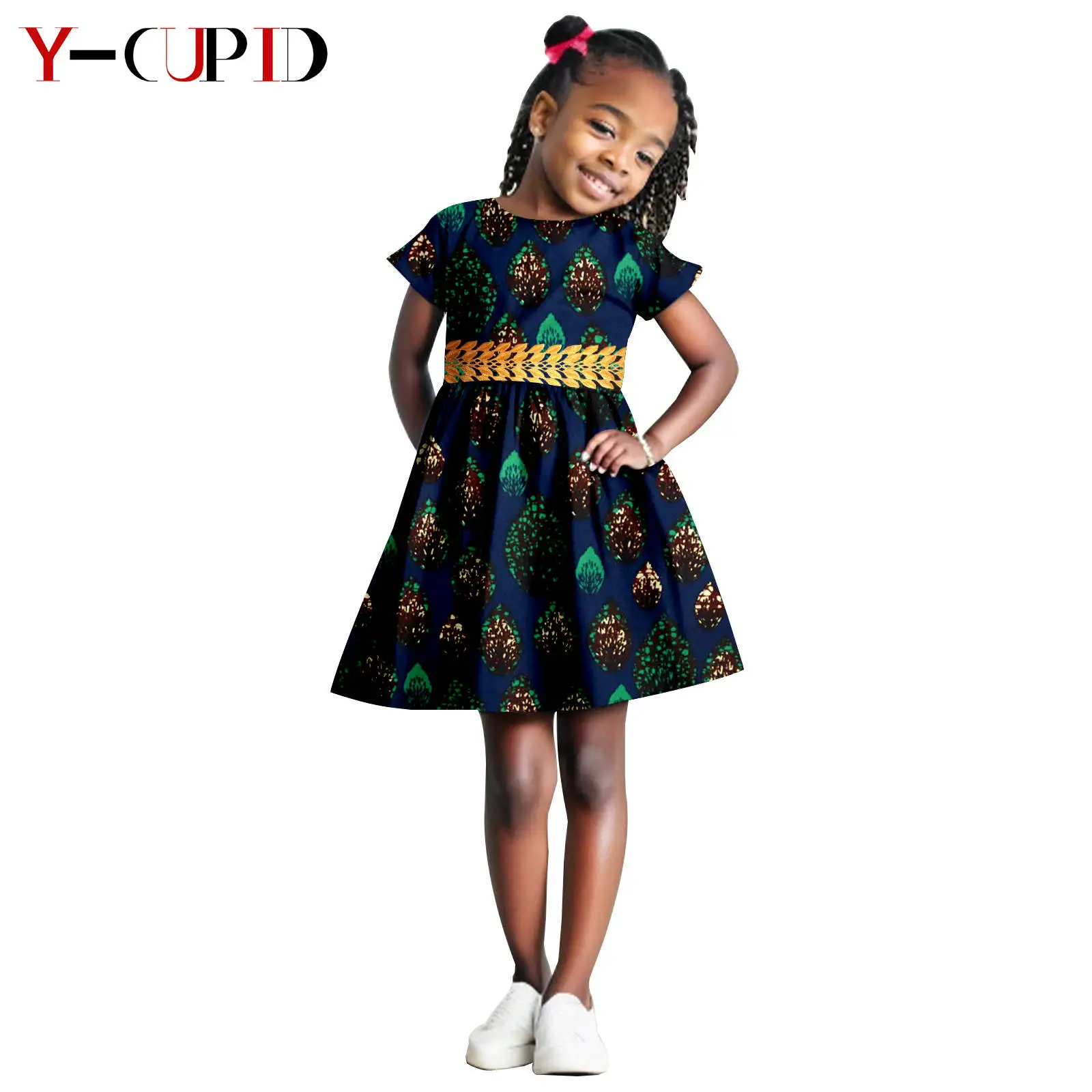 African Print Dresses with Pockets for Girls Dashiki Kid Ankara Outfits Bazin Riche Summer Cotton Children Party Outwear Y234032