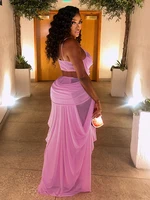 Ensemble élégant 2 pièces froncé Kliou pour femme : hauts camisoles à col bas et dos nu + jupes longues à taille élastique – Tenues de soirée pour bal de minuit 3