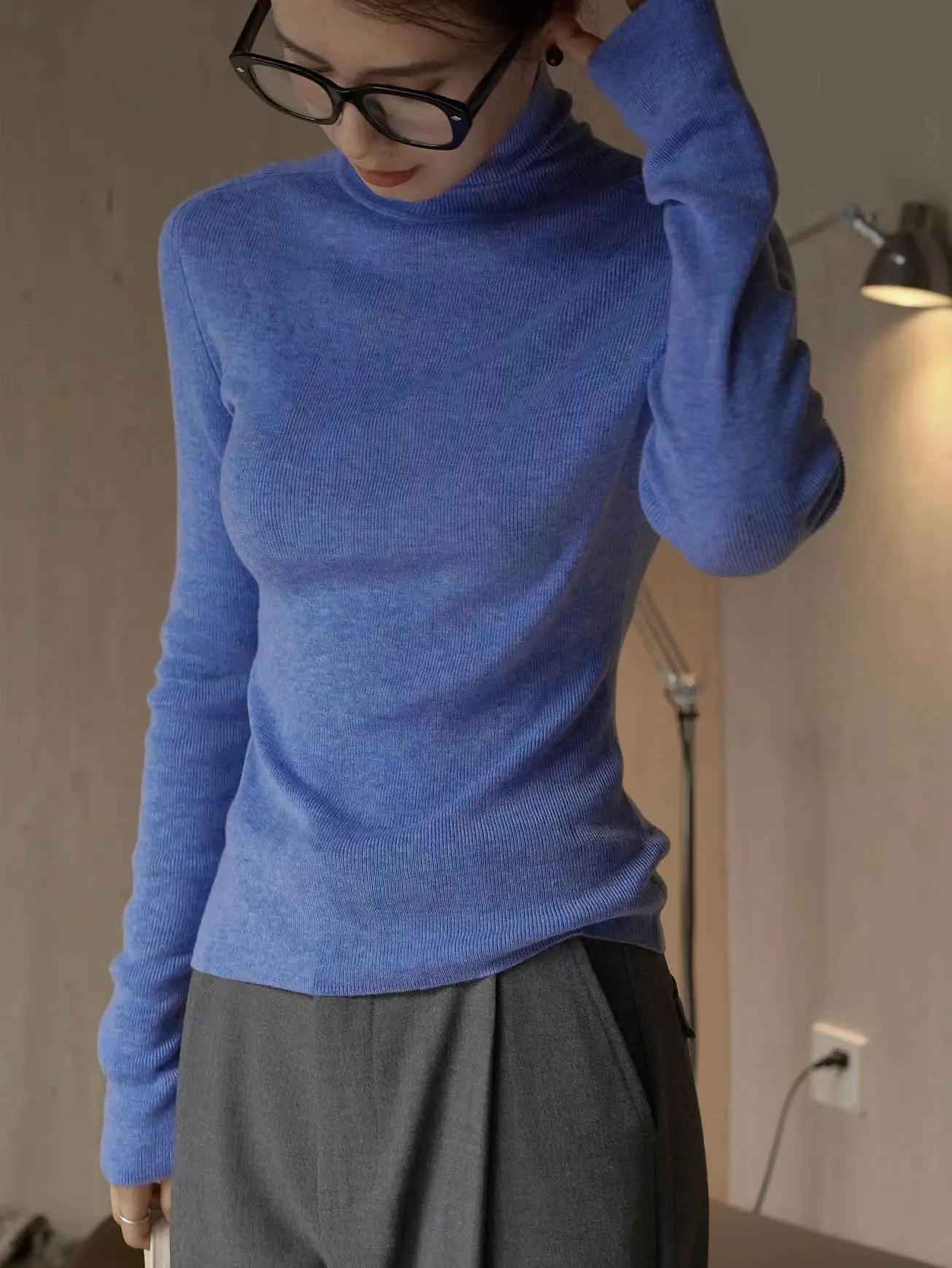 Women's High Neck Long Sleeve Wool Sweater, Slim Fit, Monochromatic, Casual, Autumn, Winter 3