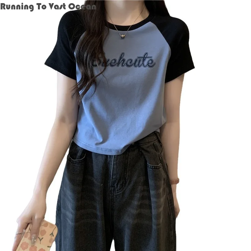 

2024 New T-shirt Cotton Half Sleeved Contrast Color Raglan Short Sleeved Slim Fit Short Cotton Style Fresh Sweet Forest Style
