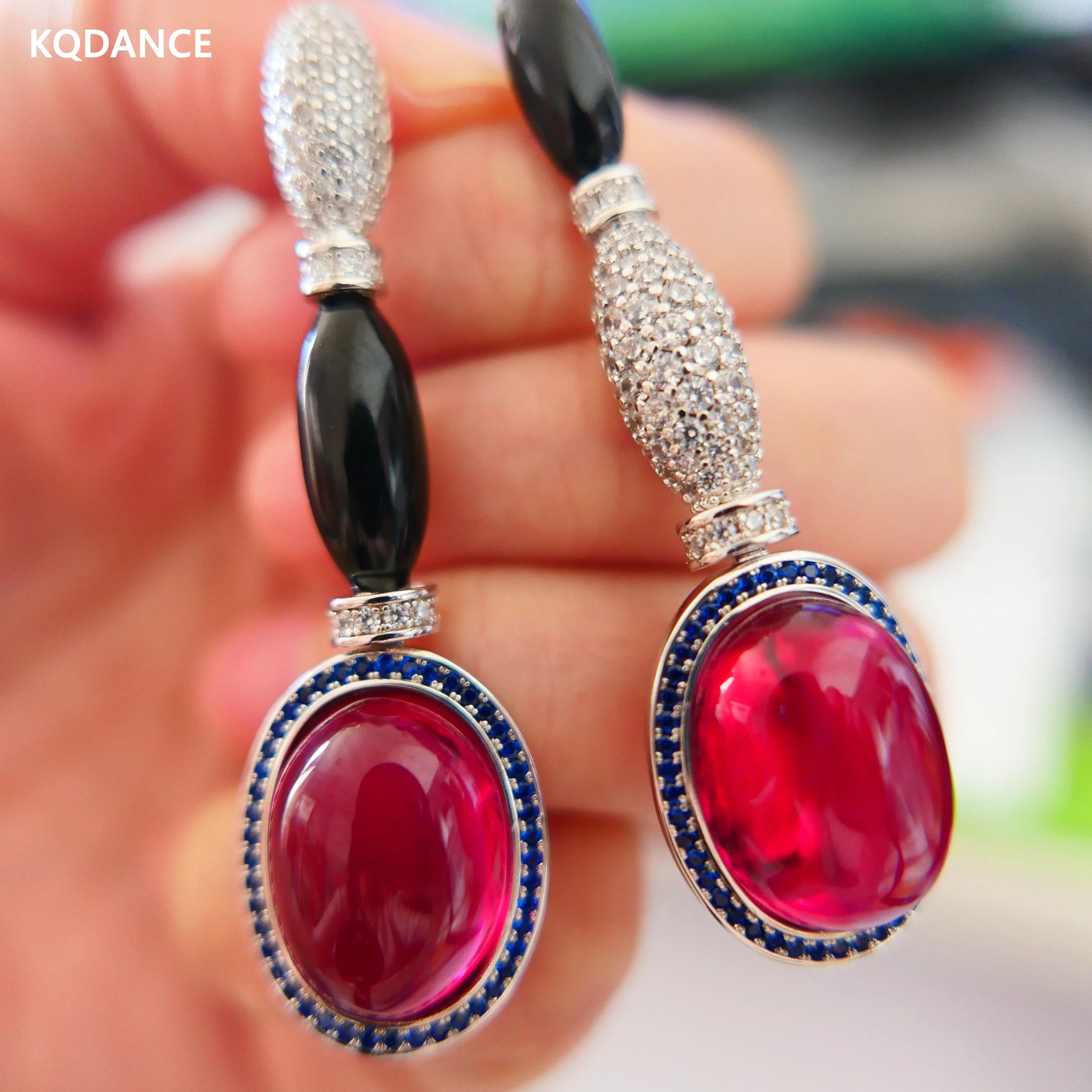 KQDANCE Luxury Large Black Resin CZ Diamond Oval Egg Cut Ruby Red Pearl Long Drop Earrings With 925 Silver Needle Jewelry Woman royal luxury jewelry box kirsite necklace earrings storage case rosary for treasure organizer for woman gift