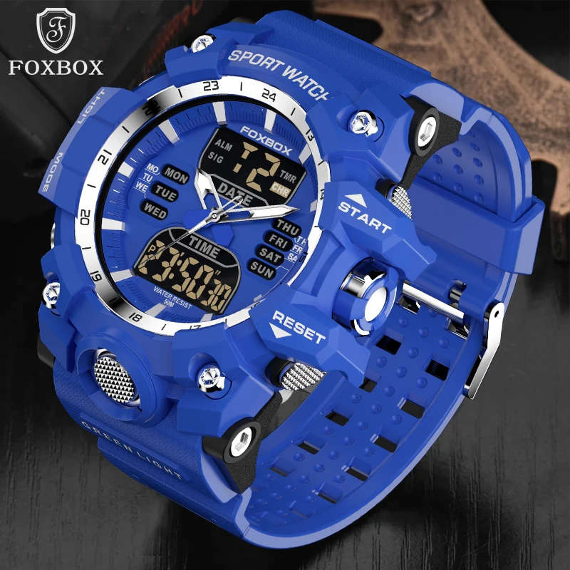 FOXBOX Sport Digital Watches for Men Army Camouflage Swimming Wristwatch Alarm Clock Calendar LED Backlight Dual Time Watch Blue 52mm marine devices pointer clock gauges blue backlight 0 12hours clock meters auto hourmeters 9 32v for motorcycle car truck rv