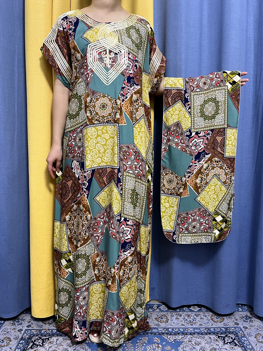 Muslim Abayas For Women 2023 Appliques Block Print Pattern Cotton Loose Fit Femme Robe Dubai African Islamic Dresses With Turban