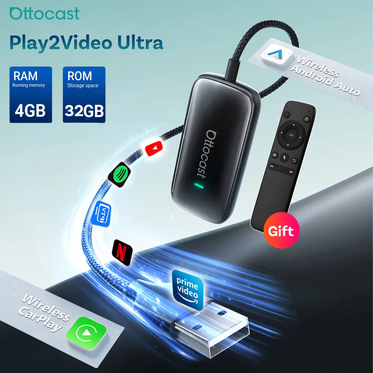 Ottocast Play2video Ultra Wireless CarPlay Android Auto Adapter