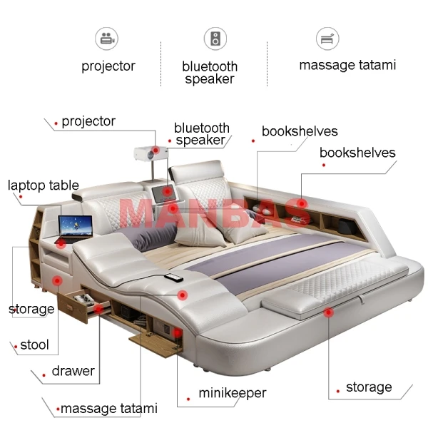 Multifunctional TATAMI Massage Genuine Leather Bed Frame King/Queen Size Tech Smart Beds Rectangle Ultimate Camas Designer Cama