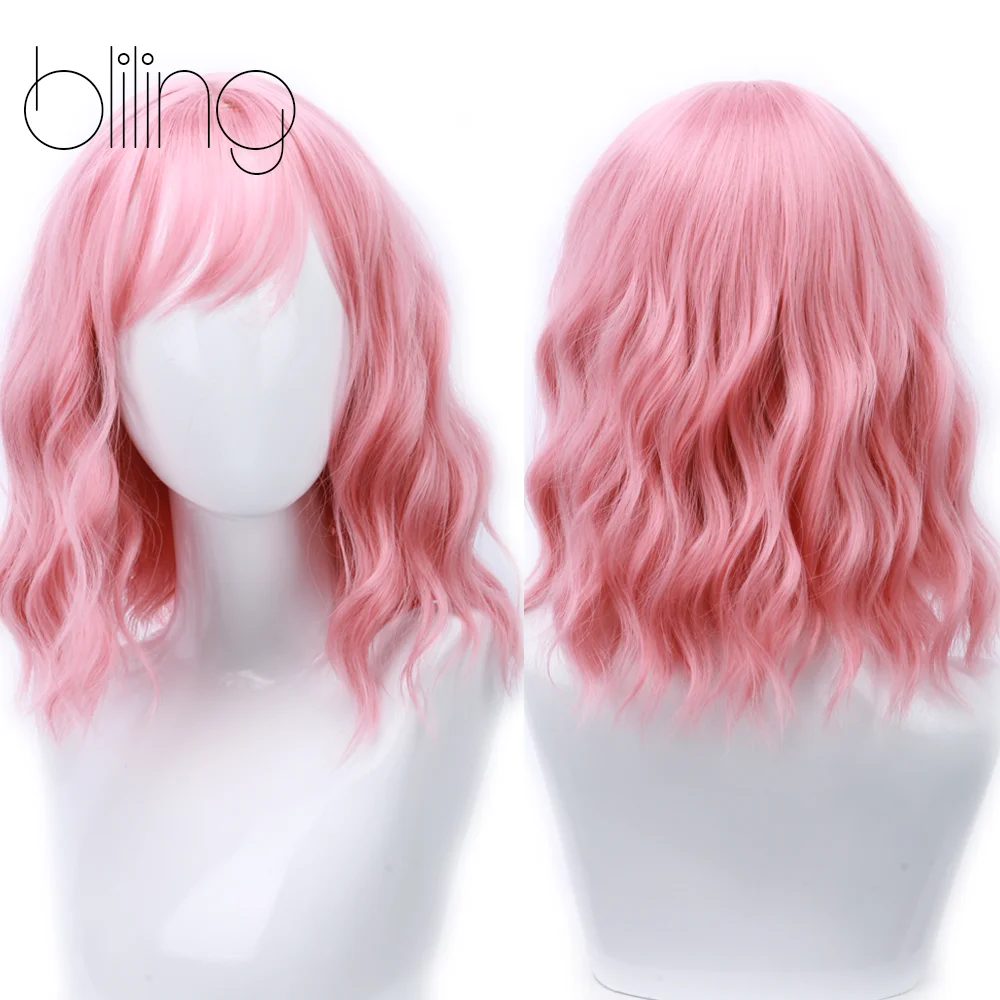 

Short Bob Wigs With Bangs Wavy bob wig for women Pink 12inch Synthetic wig Heat Resistant Fiber Hair Natural and stylish look