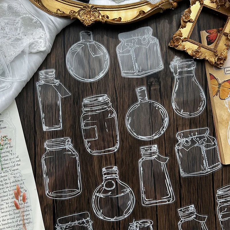 

30pcs/pack Bottle PET Transparent Stickers Lace Series Scrapbooking Supplies Junk Journal DIY Stationery Decorative Stickers