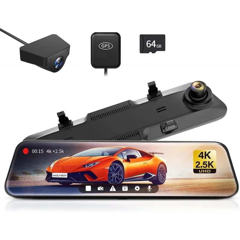 

WOLFBOX G900 Rear View Mirror Camera, Dash Cam 4K Front and 2.5K , Smart Full 12’’ Touch Screen, Backup for Ca