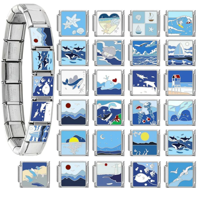 Blue Color Oceans Sailboat Shellfish Beach Starfish Charm Italian Links 9mm Stainless Steel Bracelet Women Diy Jewelry Wholesale