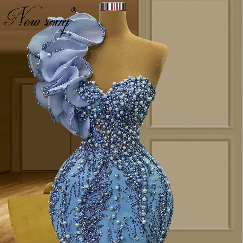 

Blue One Shoulder Evening Dresses Custom Made Beaded Pearls Long Mermaid Celebrity Prom Dress Arabic Dubai Women Party Dress