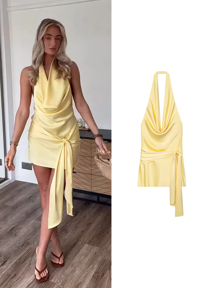 TFMLN Trendiges Damen-Neckholder-Kleid mit tiefem V-Ausschnitt, Sommer, neu, elegant, rückenfrei, einfarbig, ärmellos, mit Schnürung, schick, High Street