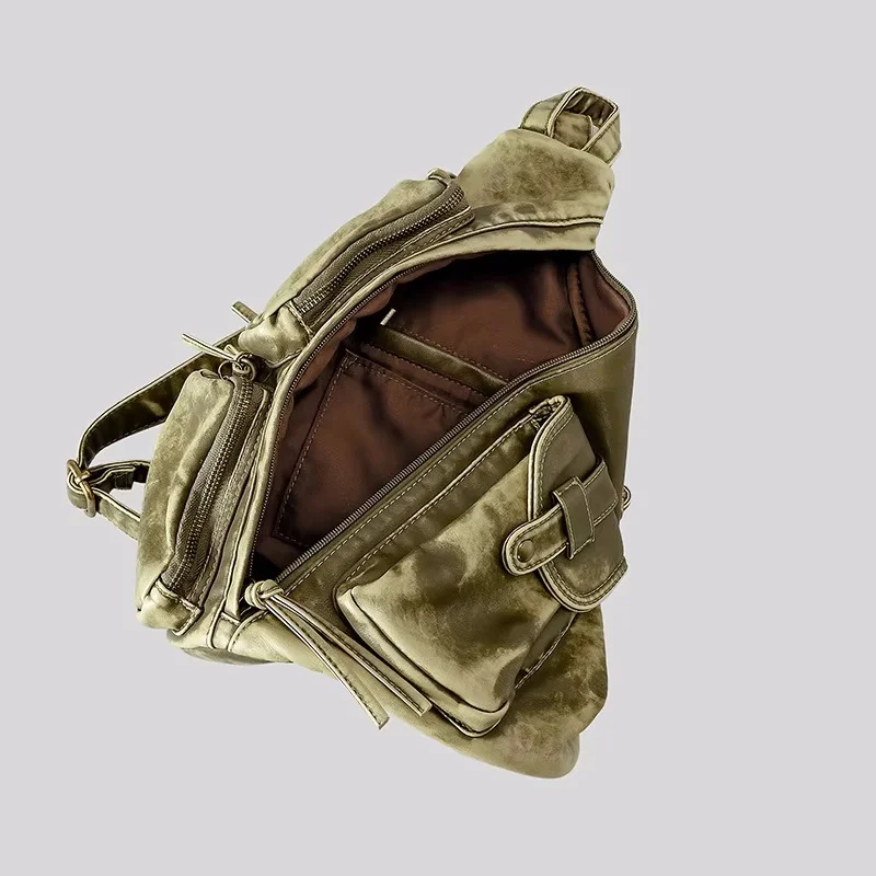 Annmouler Designer Backpacks for Women Soft Washed Letaher Sling Chest Bag Vintage Multi-pockets Punk Style Small Bag 6