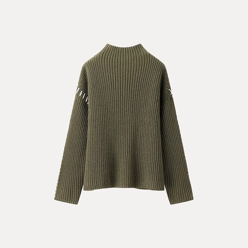 Spring New Sle Women's Faionable Loose Long Sve Stand Collar Sweater Patchwork Slimming Match All Z Polyester Fiber