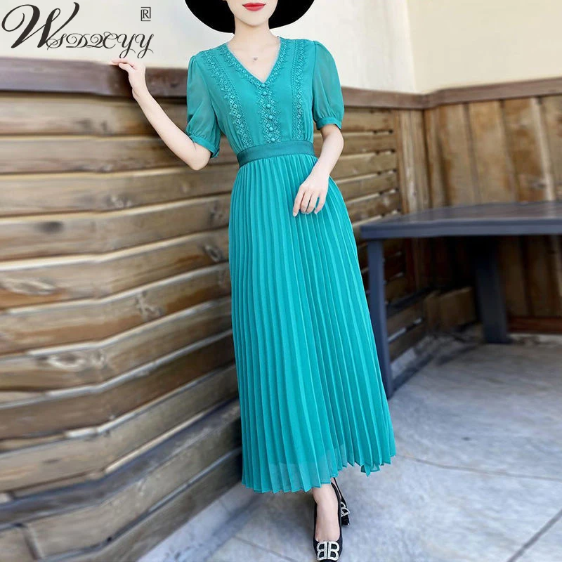 

Lace Patchwork Long Dress For Women Casual High Waist Chiffon Pleated Dress Ladies Elegant Solid Colors Short Sleeve Prom Dress