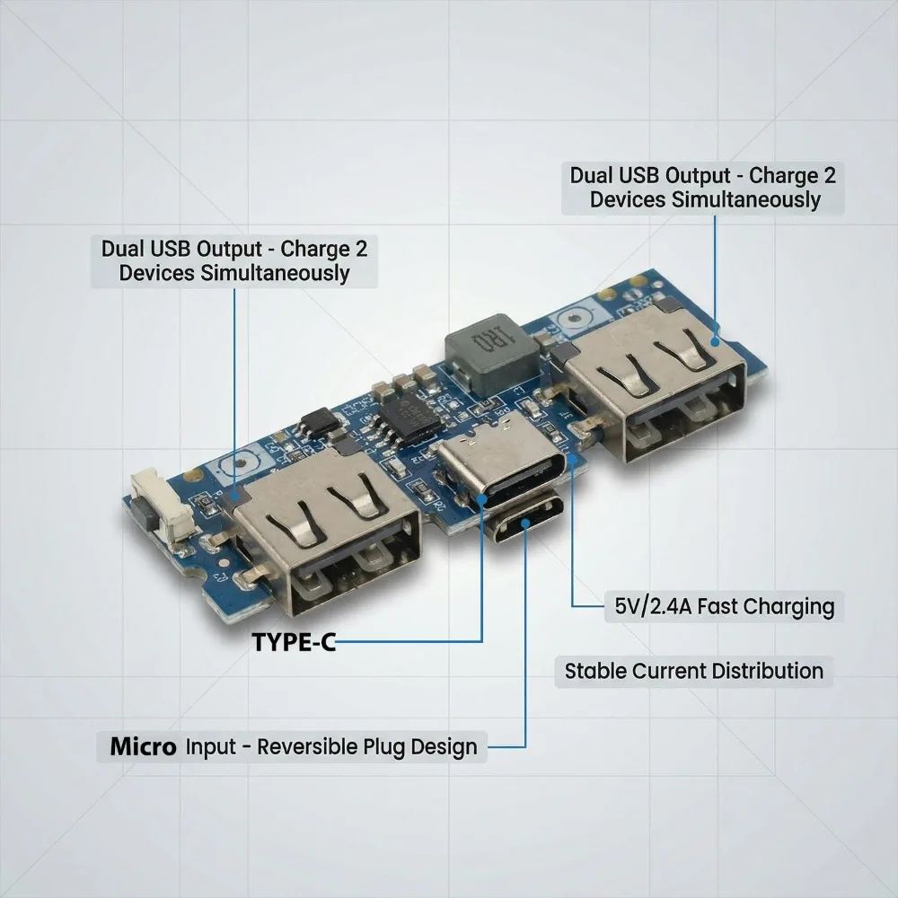 1-5Pcs Type-c 충전 포트 듀얼 USB 충전 보물 전원 보드 부스트 모듈 2.4A 모바일 전원 DIY 마더보드 5V 전원 보드