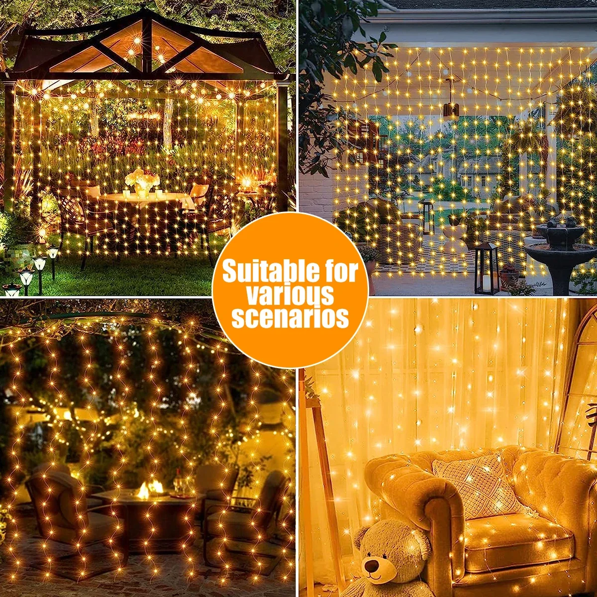 Outdoor Solar Curtain String Lights 3x3M 300 LEDs 4
