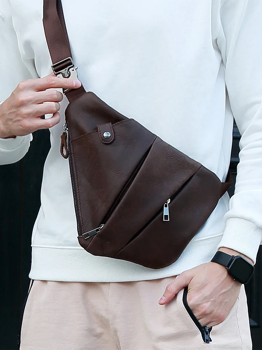 Men's Real Leather Crossbody Chest Bag for Summer Outdoor Sports