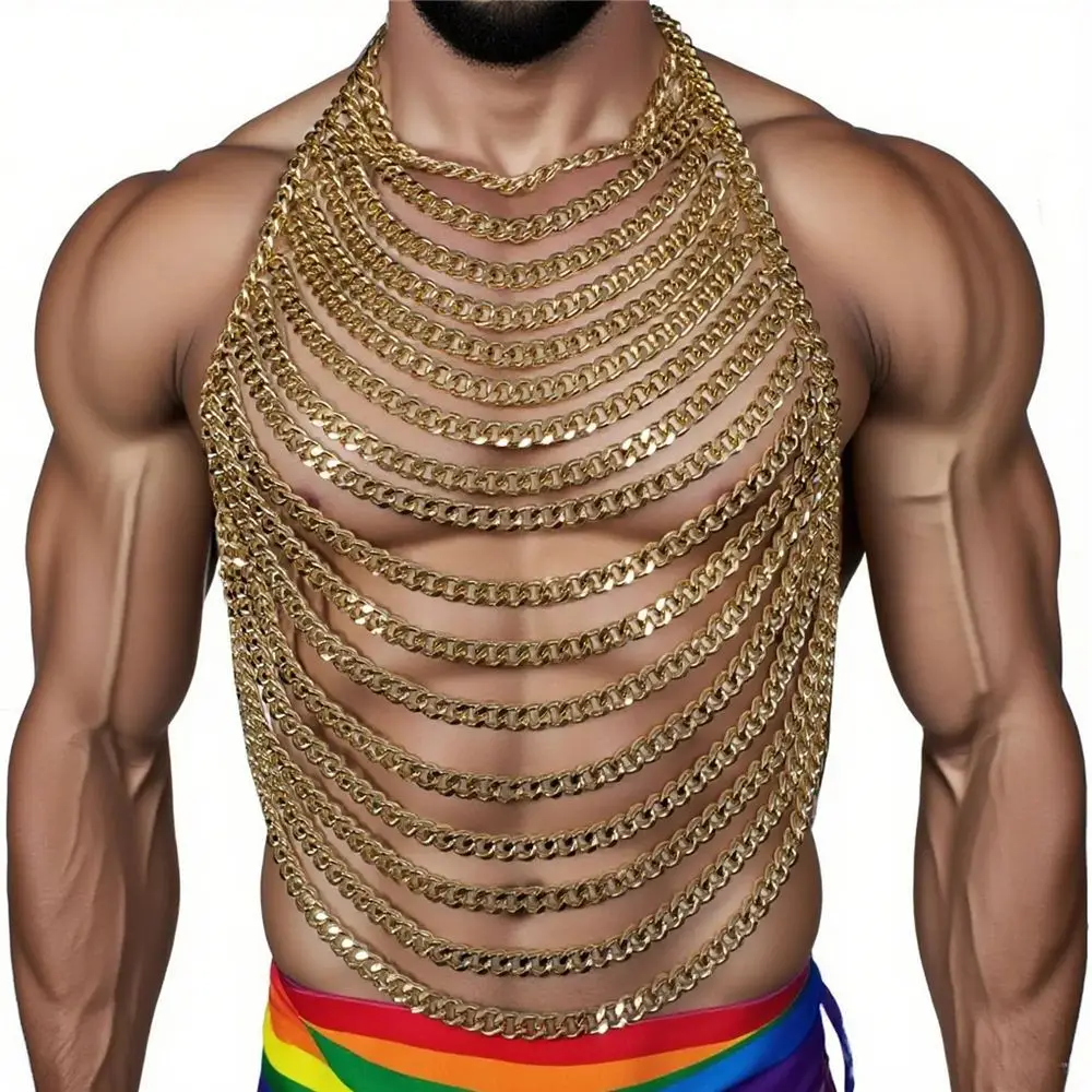 Summer European & American Style Men's Halter Neck Backless Tank Top Sexy Lace-Up Unique Top Metal Chain Body Chain 1