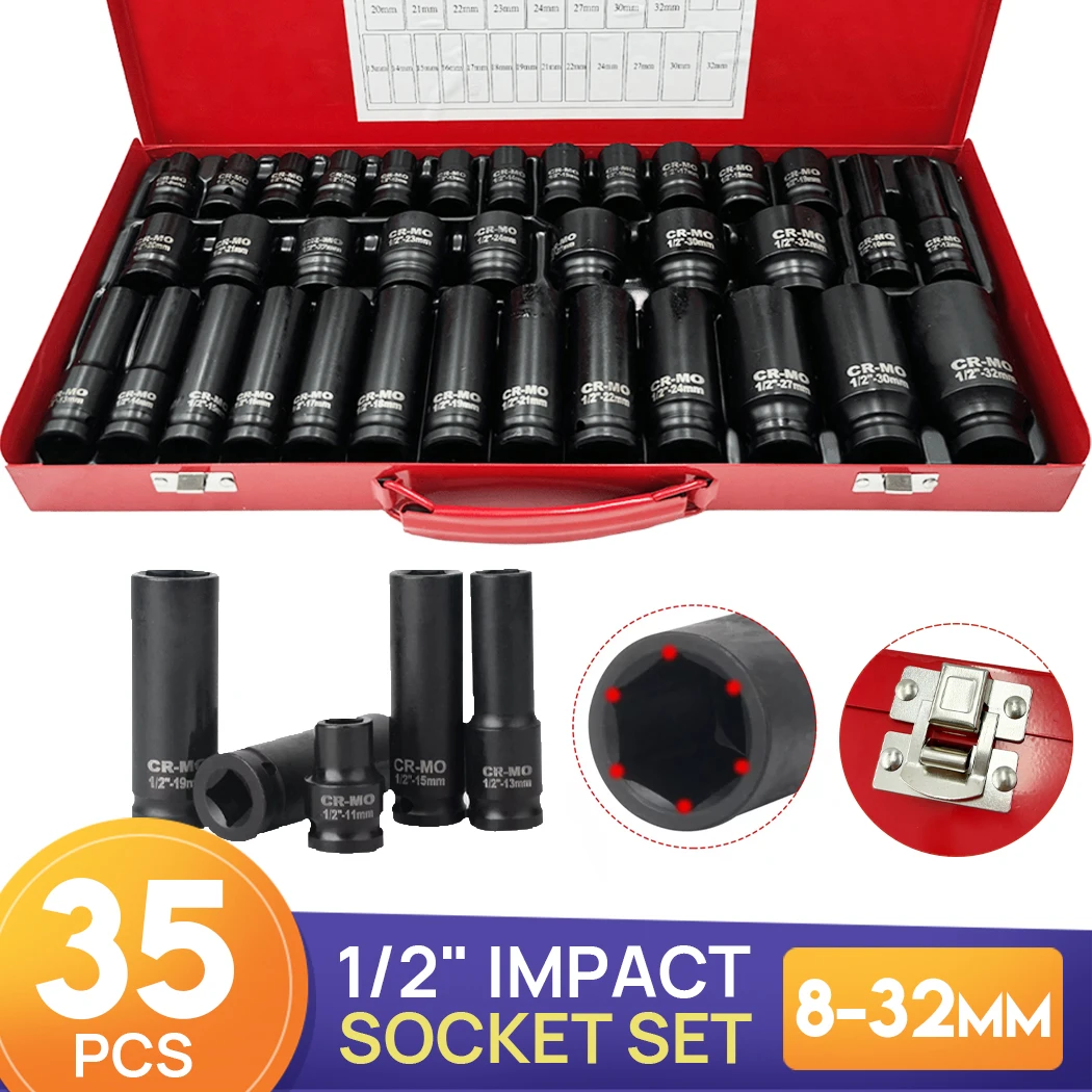 PORIYA 35pcs Drive Deep Impact Sockets Tools Kit 8-32MM Metric 1/2" Garage Workshop Set