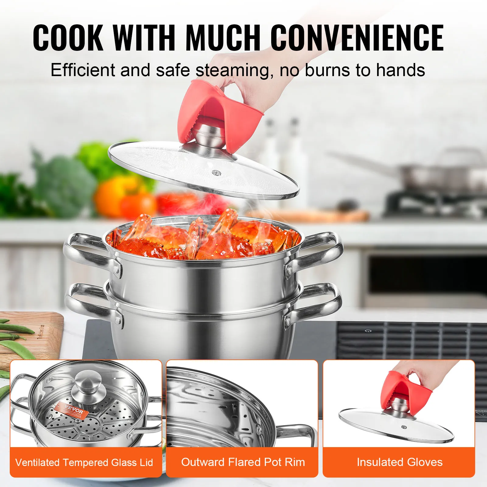 VEVOR Steamer Pot 9.5in/24cm Steamer Pot for Cooking with 5QT Stock and Food-Grade 304 Stainless Steel Food