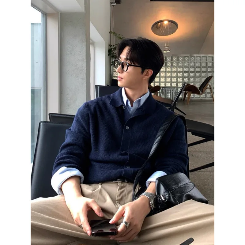 2025 가을 겨울 캐주얼 단색 라펠 니트 스웨터 가디건 따뜻한 재킷 남성용 한국 스타일 스웨터