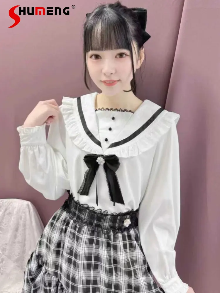 Rojita Cute Lace Sailor Collar Strap Brooch Pink Black Shirt 2023 Spring New Japanese Style Long Sleeve Shirt and Blouse Women