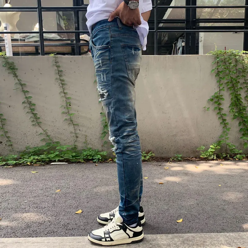 New Street Fashion Men's Elastic Jeans Vintage Blue Slim Fit Split Letter Black Jeans Black Patch Designer Hip Hop Brand Pants