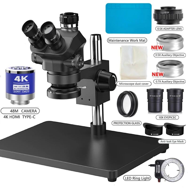 Zoom Trinocular Stereo Microscope Set + 2K 4K 48MP 55MP HDMI USB Video Camera + 1X 0.7X 0.5X Auxiliary Objective Lens 3.5X 7-50X