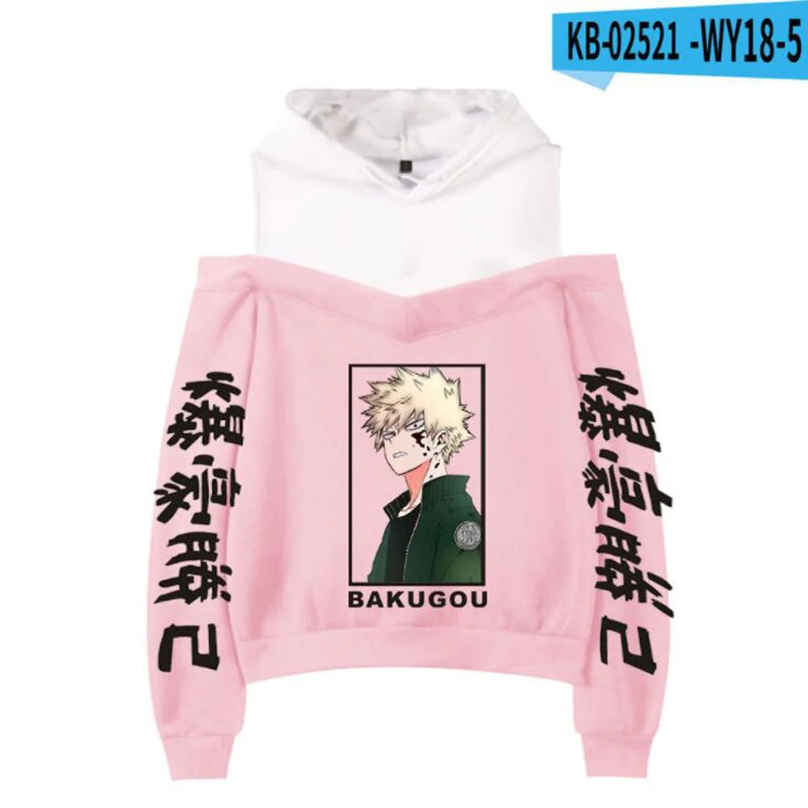 

Women Anime Hoodie Off Shoulder Sweatshirt Streetwear Cute Fleece Hooded Coats My Hero Academia Bakugou Katsuki Todoroki Shoto