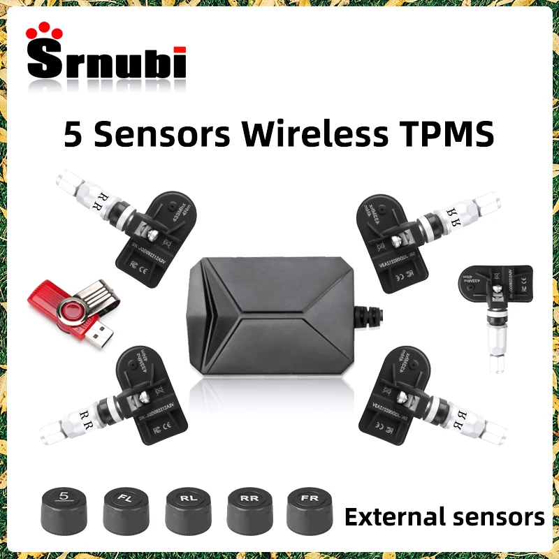 5Sensors USB Wireless TPMS Car Tire Pressure Alarm Monitor System For vehicle Android Player Temperature Warning For Spare Wheel car tire pressure monitor car tire pressure sensor