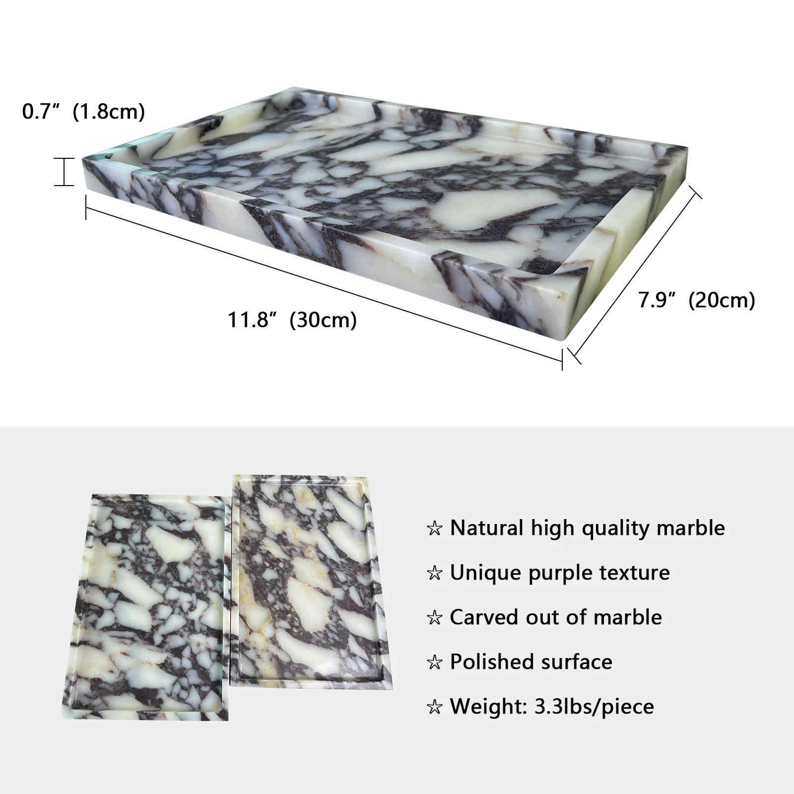 Luxurious Natural Marble Tray Calcutta Viola Storage Tray for Desktop/Kitchen/Vanity/Bathroom (12" x 8") 3